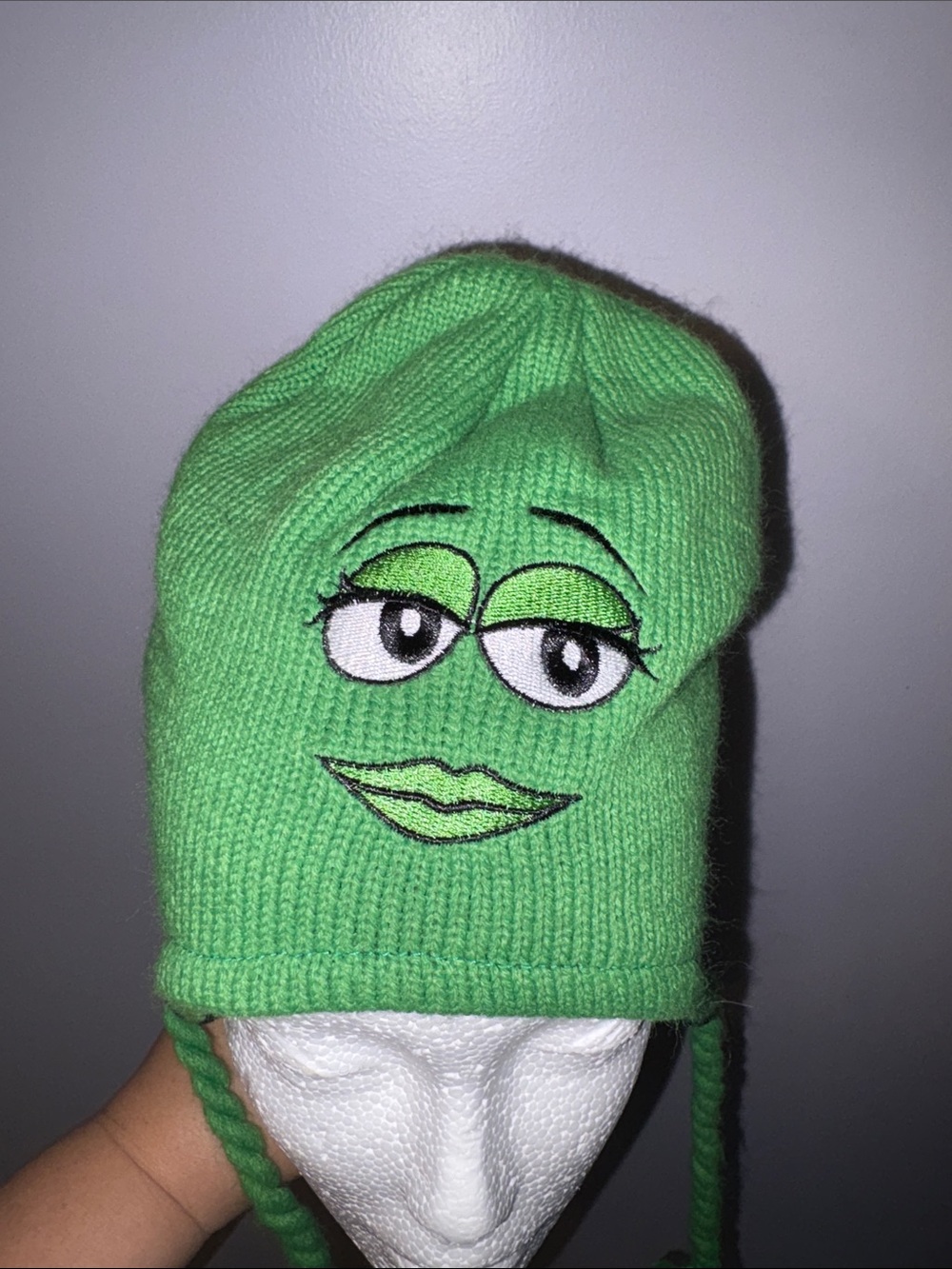 M&M World Green Lady M&M Beanie Hat with Chin Tie OS